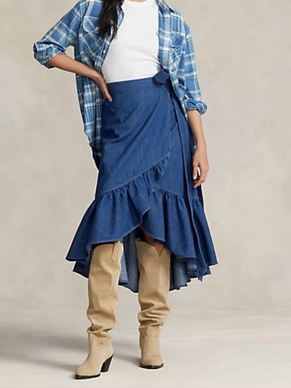 Polo Ralph Lauren Ruffled Chambray Wrap Skirt Blue Denim High-Low Size 12 euc